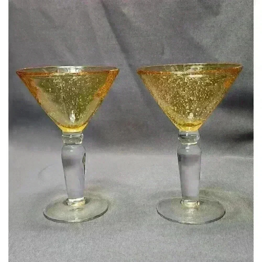 Vintage Hand Blown Bubble Art Glass Amber Martini Cosmopolitan Glasses Set of 2